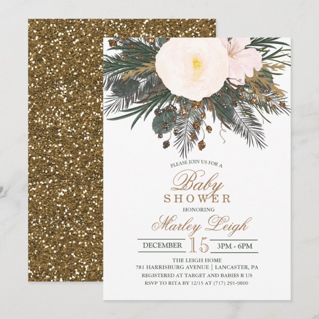 Winter Floral Glitter Baby Shower Invitation (Front/Back)