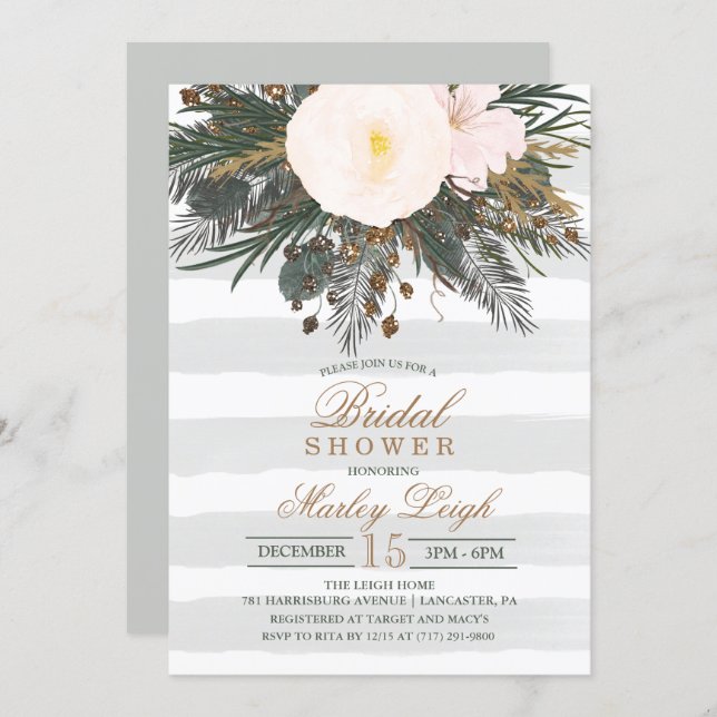 Winter Floral Glitter Bridal Shower Invitation (Front/Back)