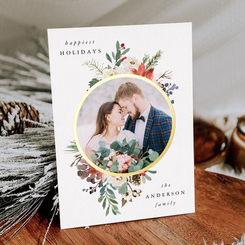  Winter Floral Gold Circle Photo Foil Holiday Card