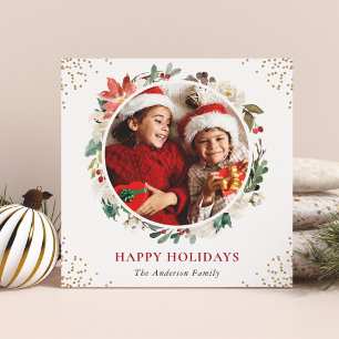 Winter Floral Gold Confetti 2 Photo Square Happy Holiday Card