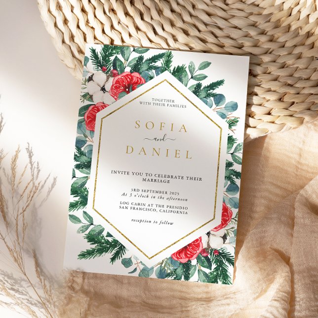 Winter Floral Gold Frame Wedding Invitation (Creator Uploaded)