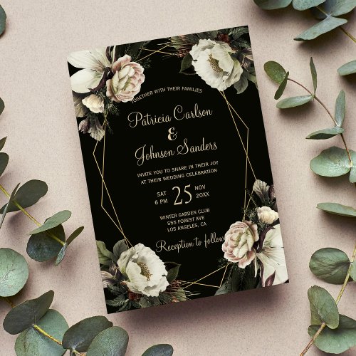 Winter floral gold geometric frame wedding invitation