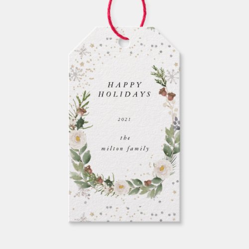 winter floral gold holiday monogram gift tags