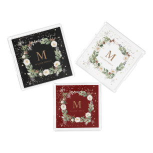 winter floral gold sparkle holiday monogram acrylic tray