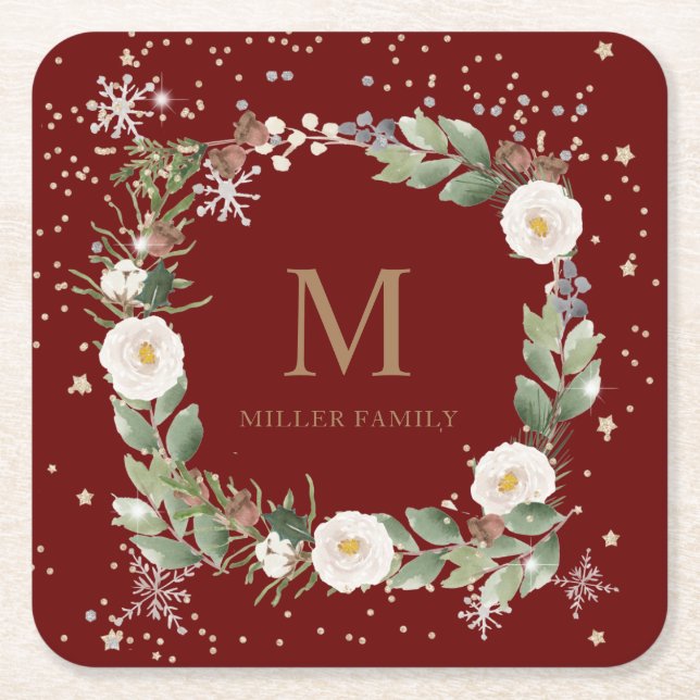 winter floral gold sparkle holiday monogram square paper coaster (Front)