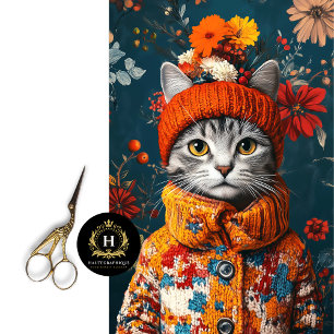 Winter Floral Gray Cat Decoupage Tissue Paper