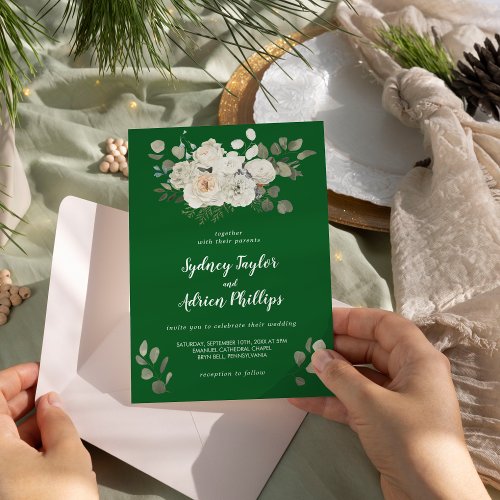 Winter Floral  Green Casual Wedding  Invitation