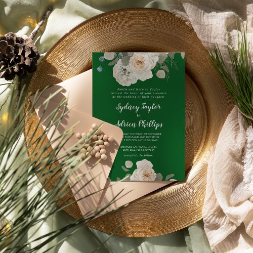 Winter Floral  Green Formal Wedding Invitation