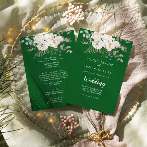Winter Floral  Green Front and Back Wedding Invitation