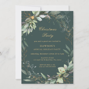 Winter Floral Green Gold Christmas Party Invitation