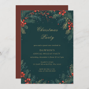 Winter Floral Green Gold Christmas Party Invitation
