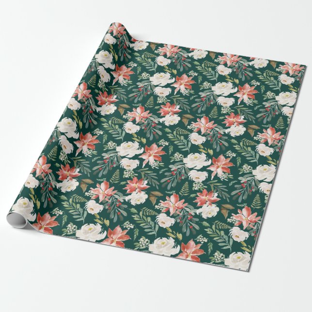 Winter Floral | Green Holiday Wrapping Paper (Unrolled)