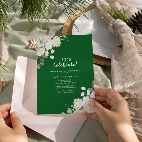 Winter Floral Green Lets Celebrate Party Invitation
