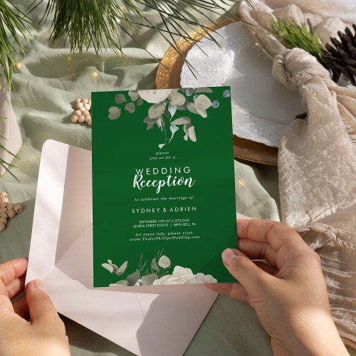 Winter Floral Green Wedding Reception Only Invitation