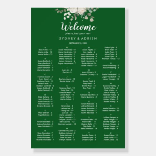 Winter Floral  Green Wedding Seating Chart  Foam Board