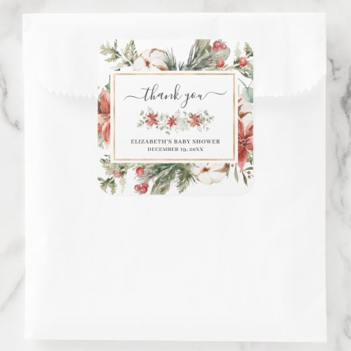 Winter Floral Greenery  Baby Shower Favor Square Sticker