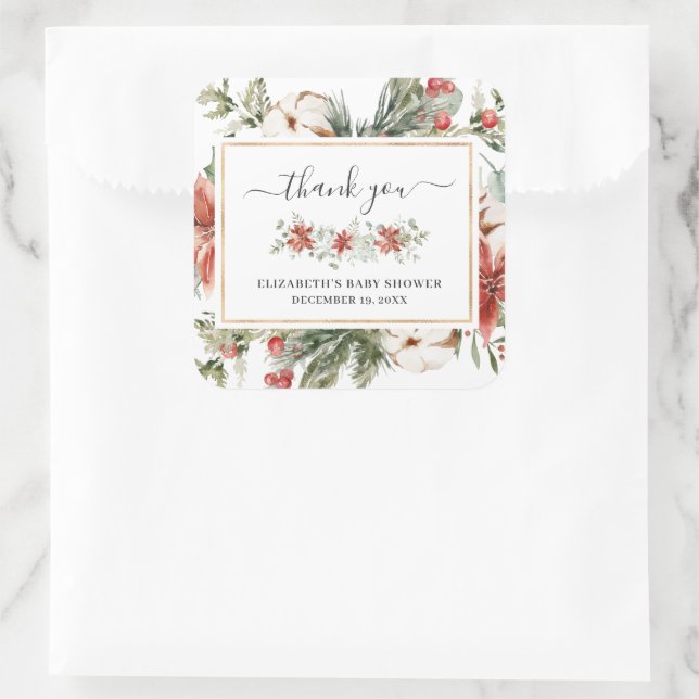 Winter Floral Greenery | Baby Shower Favor Square Sticker (Bag)
