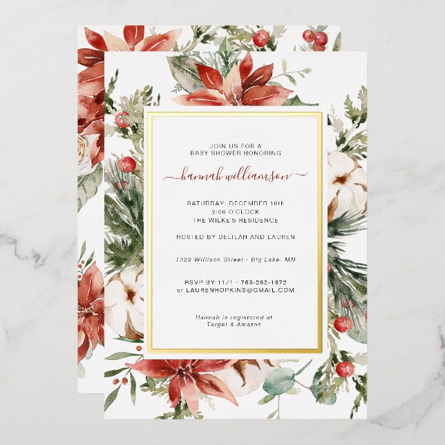 Winter Floral Greenery | Christmas Baby Shower Foil Invitation (Front/Back)