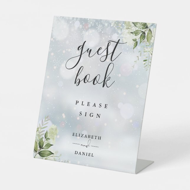 Winter Floral Greenery Guest Book Pedestal Sign (Front)