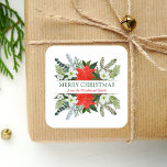 Winter Floral Greenery Merry Christmas Watercolor Square Sticker<br><div class="desc">This personalized holiday sticker features a watercolor bouquet of red and white poinsettias and winter greenery, including evergreen pine, blue spruce and eucalyptus sprigs. In the middle, the words "Merry Christmas" appear in green serif font on a white background. Personalize the design with your family name below in red italics....</div>