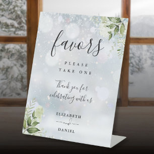 Winter Floral Greenery Modern Script Favors Pedestal Sign
