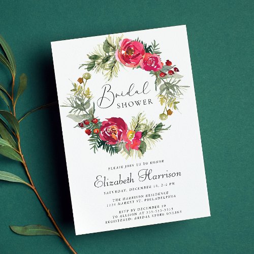 Winter Floral Greenery Watercolor Bridal Shower Invitation