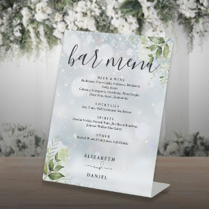 Winter Floral Greenery Wedding Bar Menu Pedestal Sign