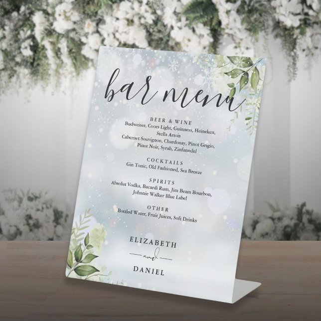 Winter Floral Greenery Wedding Bar Menu Pedestal Sign (Winter Floral Greenery Wedding Bar Menu Pedestal Sign)