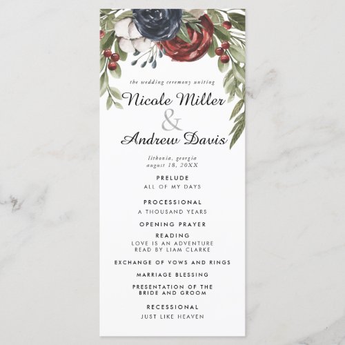 Winter Floral Greenery Wedding Ceremony Program