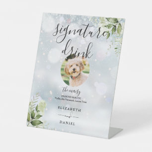 Winter Floral Greenery Wedding Pet Signature Drink Pedestal Sign