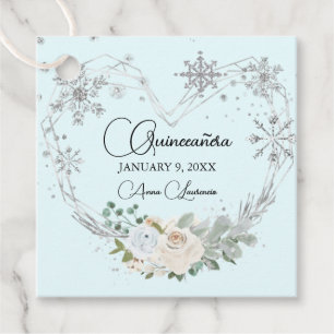 Winter Floral Heart Light Blue Silver Quinceanera Favor Tags