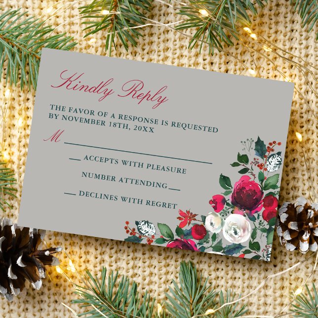 Winter Floral Holiday Christmas December Wedding RSVP Card (Creator Uploaded)