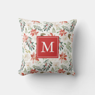 Winter Floral   Holiday Monogram Throw Pillow