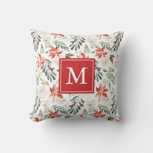 Winter Floral  Holiday Monogram Throw Pillow