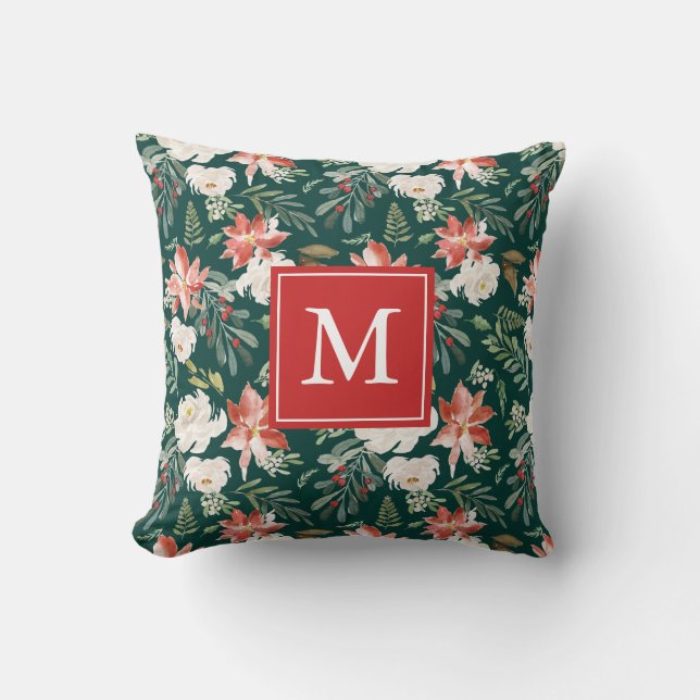 Winter Floral | Holiday Monogram Throw Pillow (Front)