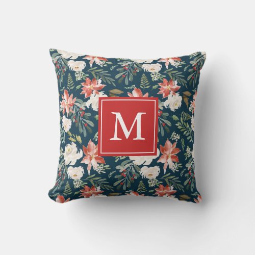 Winter Floral  Holiday Monogram Throw Pillow