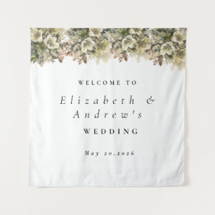 Winter Floral Holiday Wedding Welcome Sign Tapestry