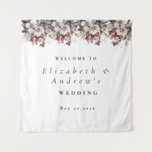 Winter Floral Holiday Wedding Welcome Sign Tapestry