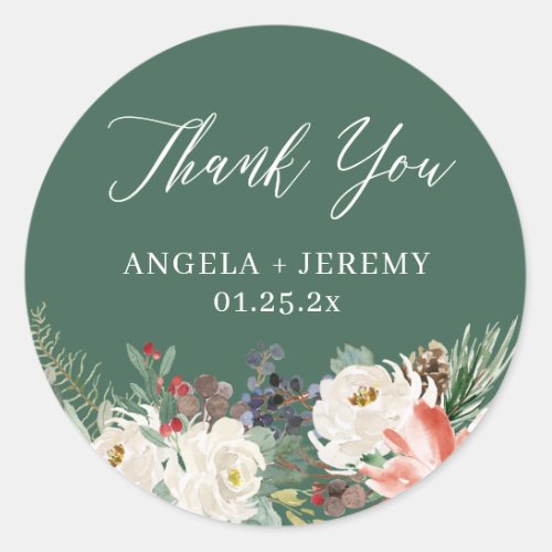 Winter Floral Holly Berries Holiday Thank You Classic Round Sticker
