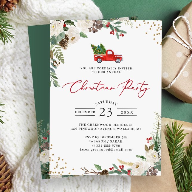 Winter Floral Holly Berries Truck Christmas Party Invitation (Creator Uploaded)