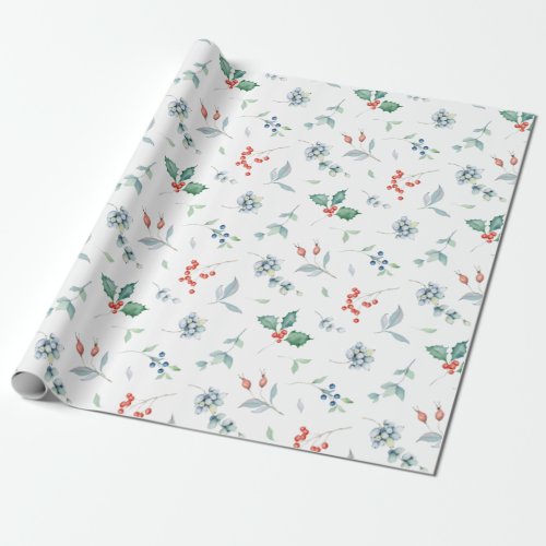 Winter Floral Holly Watercolor Christmas Berries  Wrapping Paper