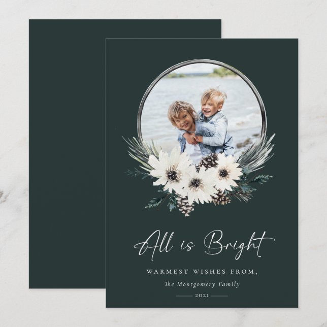 Winter Floral Hoop Wreath Photo Holiday Card (Front/Back)