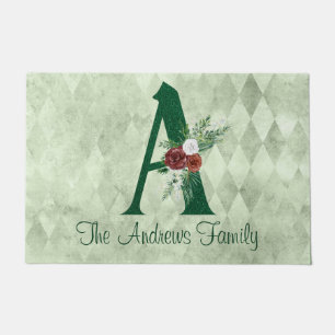 Winter Floral Illustrated Letter A Personalized  Doormat
