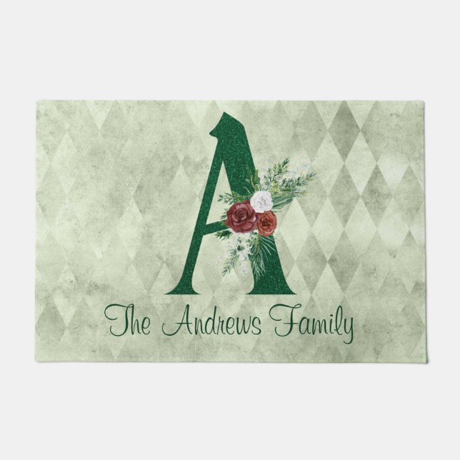 Winter Floral Illustrated Letter A Personalized  Doormat (Front)