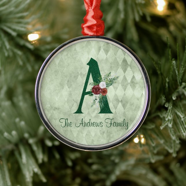 Winter Floral Illustrated Letter A Personalized  Metal Ornament (Tree)