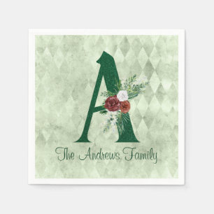 Winter Floral Illustrated Letter A Personalized Napkins