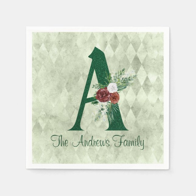 Winter Floral Illustrated Letter A Personalized   Napkins (Front)