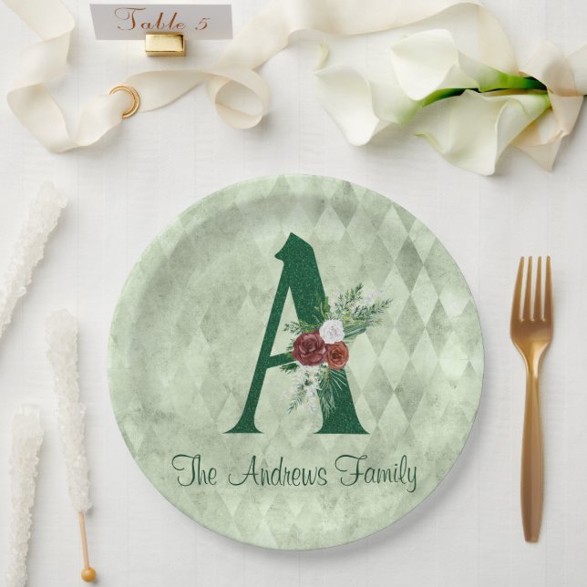 Winter Floral Illustrated Letter A Personalized  Paper Plates (Wedding)