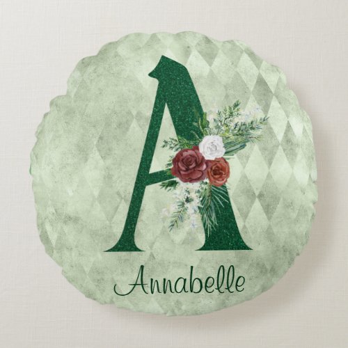 Winter Floral Illustrated Letter A Personalized  Round Pillow