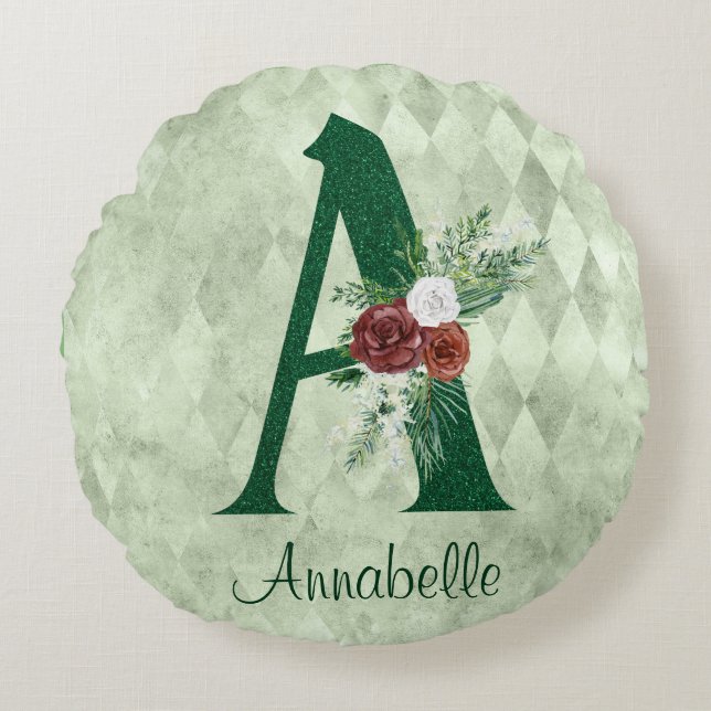 Winter Floral Illustrated Letter A Personalized  Round Pillow (Front)